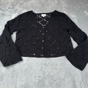 Studio B by Bobeau Sweater XL Crochet Black Long Bell Sleeve Witchy Goth Vamp